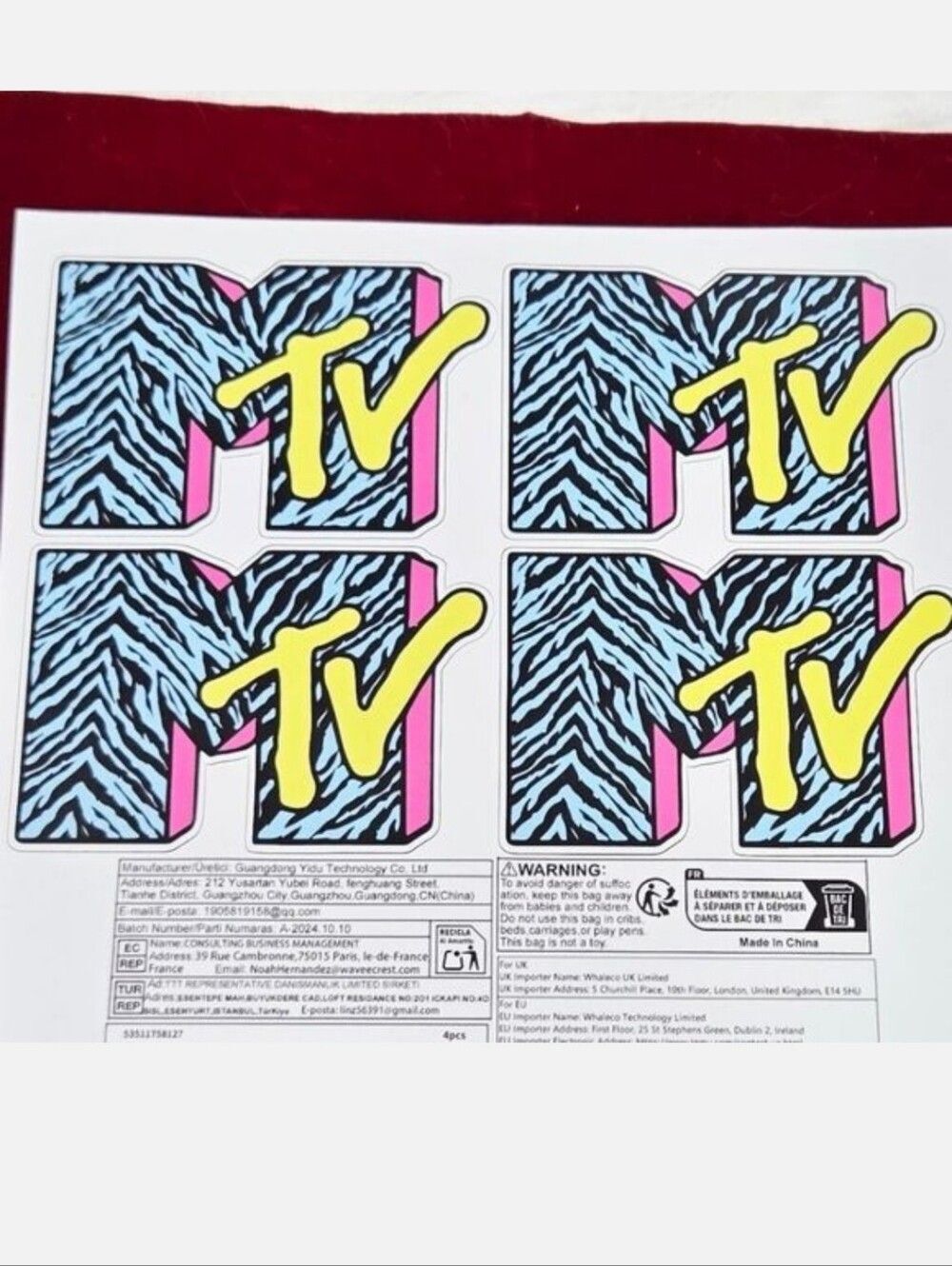 MTV MusicβTelevision ZEBRA Logo Vinyl Stickers Retro Y2K Waterproof Decals 4pc